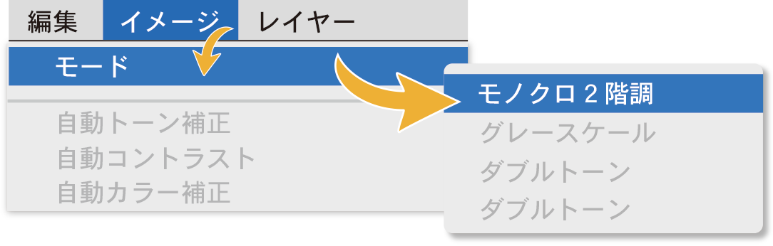 K100%のカラーをモノクロ2階調に変換します。