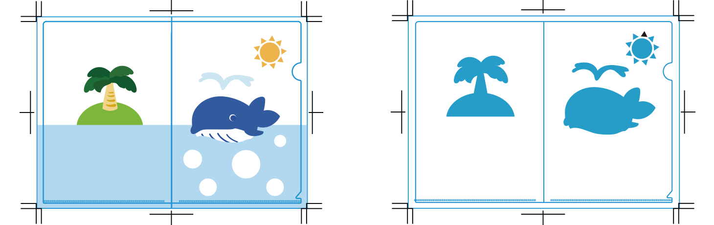 イラストの背景に白版(DIC100s)をひいた作成データ(見開き)