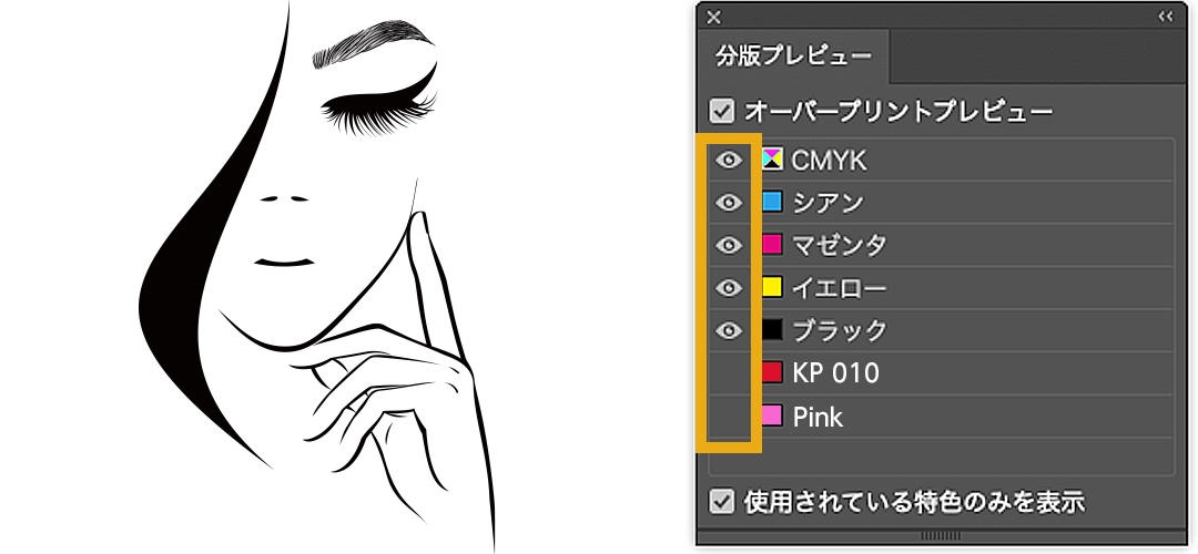 分配プレビューのCMYKカラーにチェックが入っているイメージ