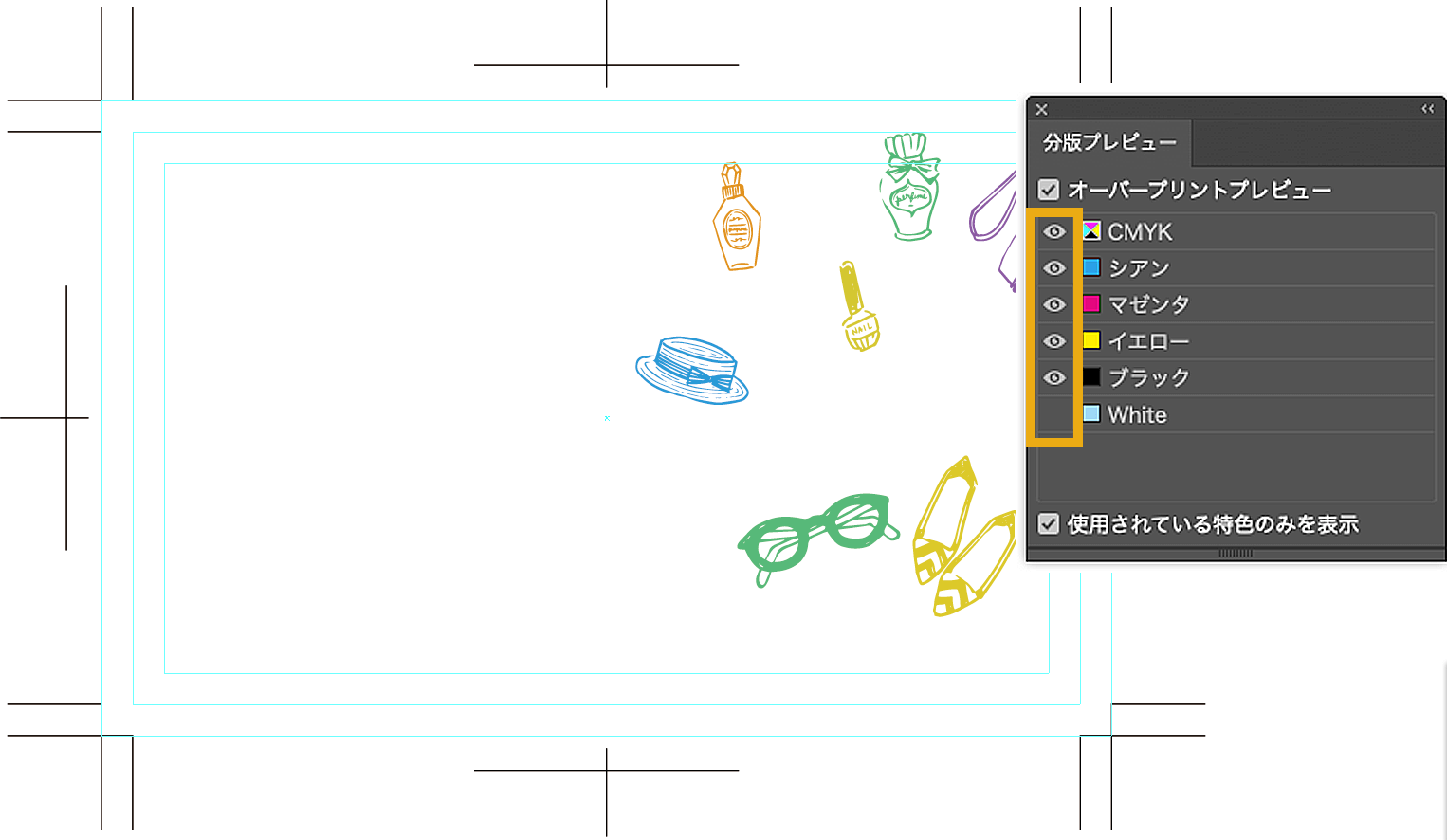 分配プレビューのCMYKカラーにチェックが入っているイメージ