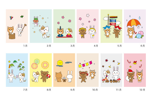 透明ケースカレンダー 動物イラスト年間カレンダーx3