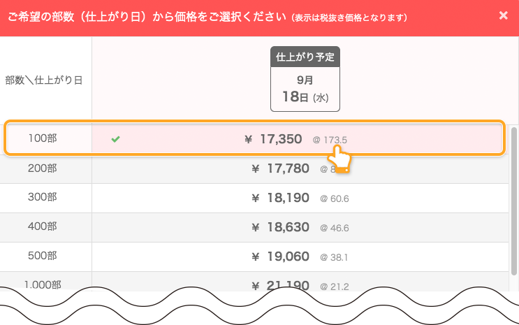 印刷注文時の「部数・価格」イメージ