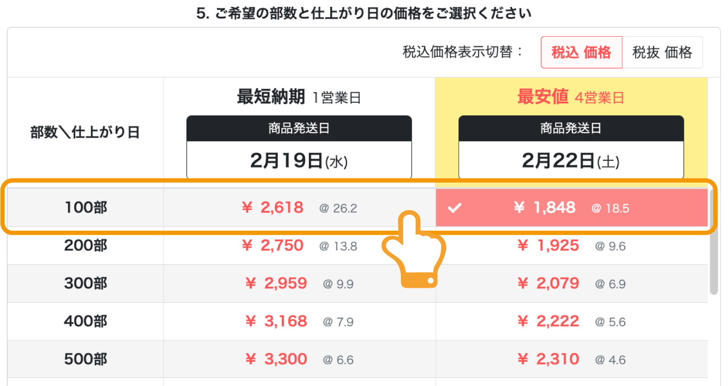 印刷注文時の「部数・価格」イメージ