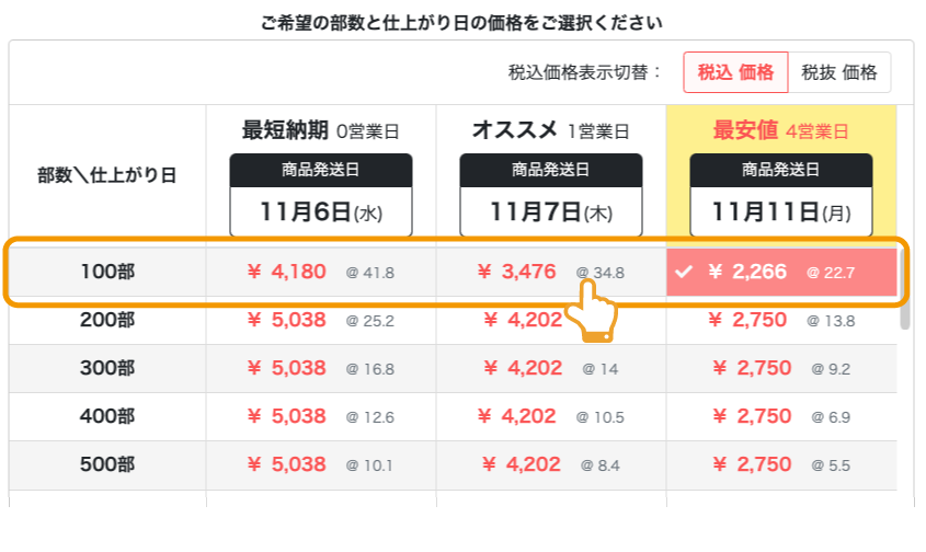 印刷注文時の「部数・価格」イメージ