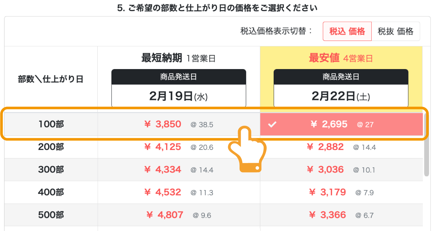 印刷注文時の「部数・価格」イメージ