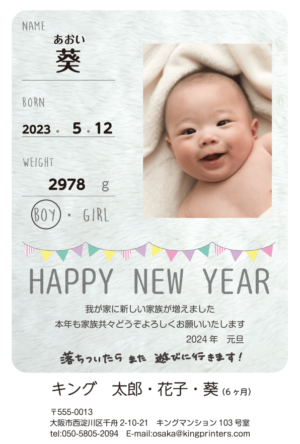 年賀はがきの出産報告2024年のデザイン例（NJ-A-0145）