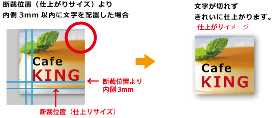 断裁位置内側3mm以内に文字を配置した場合