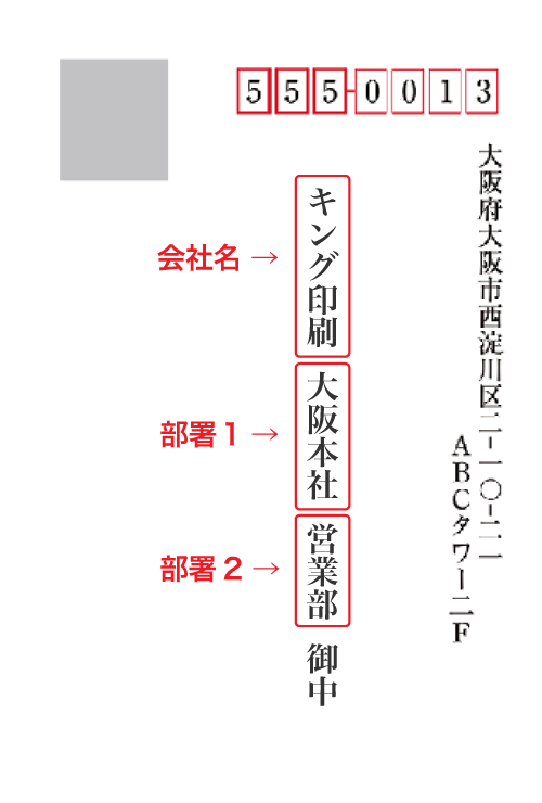 会社名・部署名の入力印字例（縦書き）