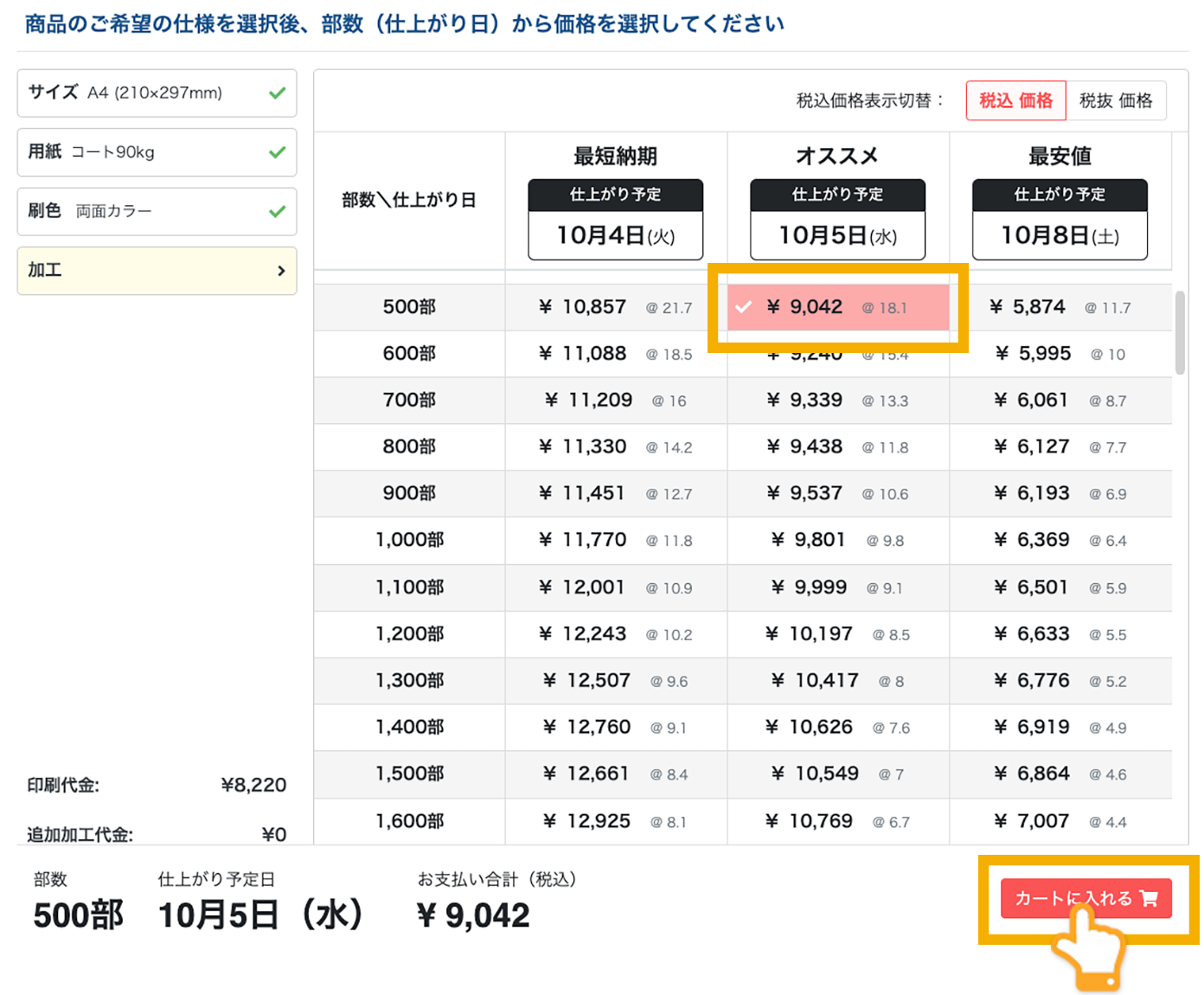 商品のご注文 部数・価格の選択